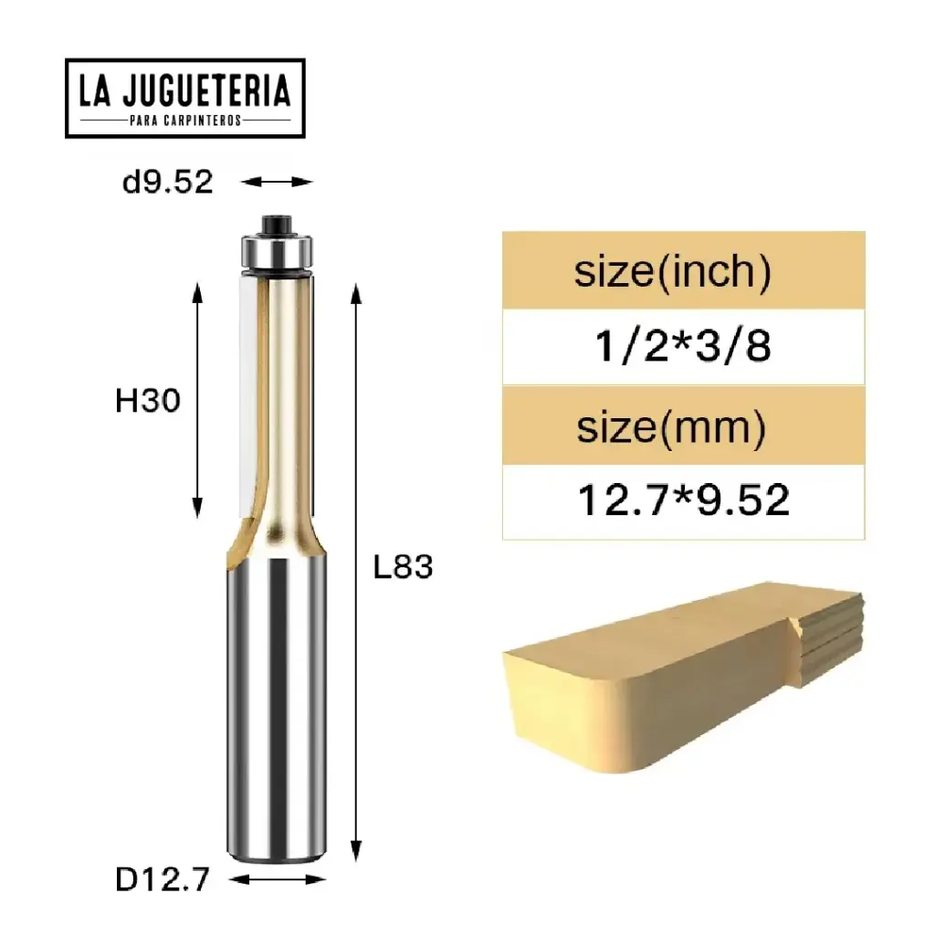 [A2031] Fresa Recta copiadora con Rodamiento de  3/8" de corte – Corte Preciso con Vástago de 1/2"  Ref:G111