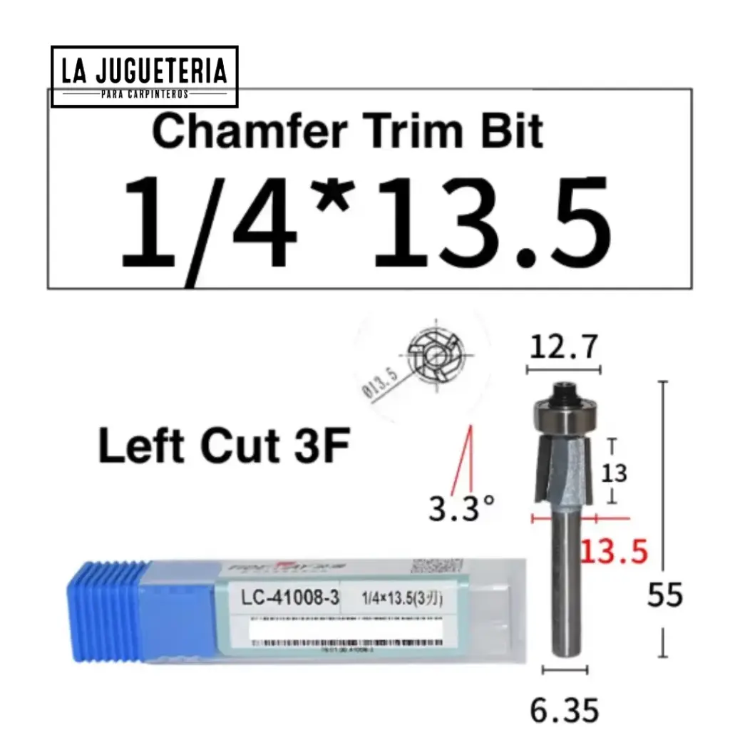 [A2036] Fresa recortadora de tapeta Tideway 13.5 mm – Vástago 1/4", Corte Izquierdo  Ref:P114