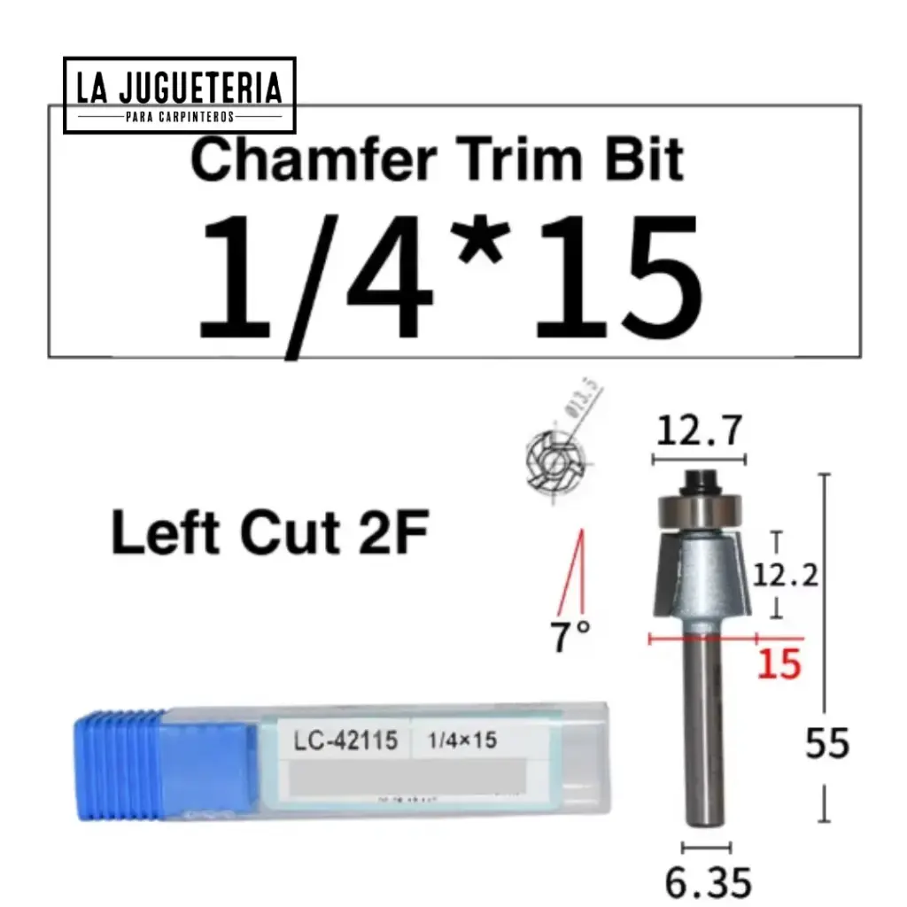 [A2038] Fresa recortadora de tapeta Tideway 15mm y 7º– Vástago 1/4", Corte Izquierdo  Ref:P116