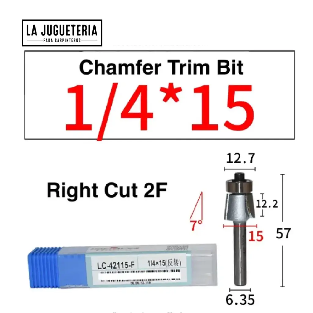 Fresa recortadora de tapeta Tideway 15mm y 7º– Vástago 1/4", Corte Derecho Ref:P117