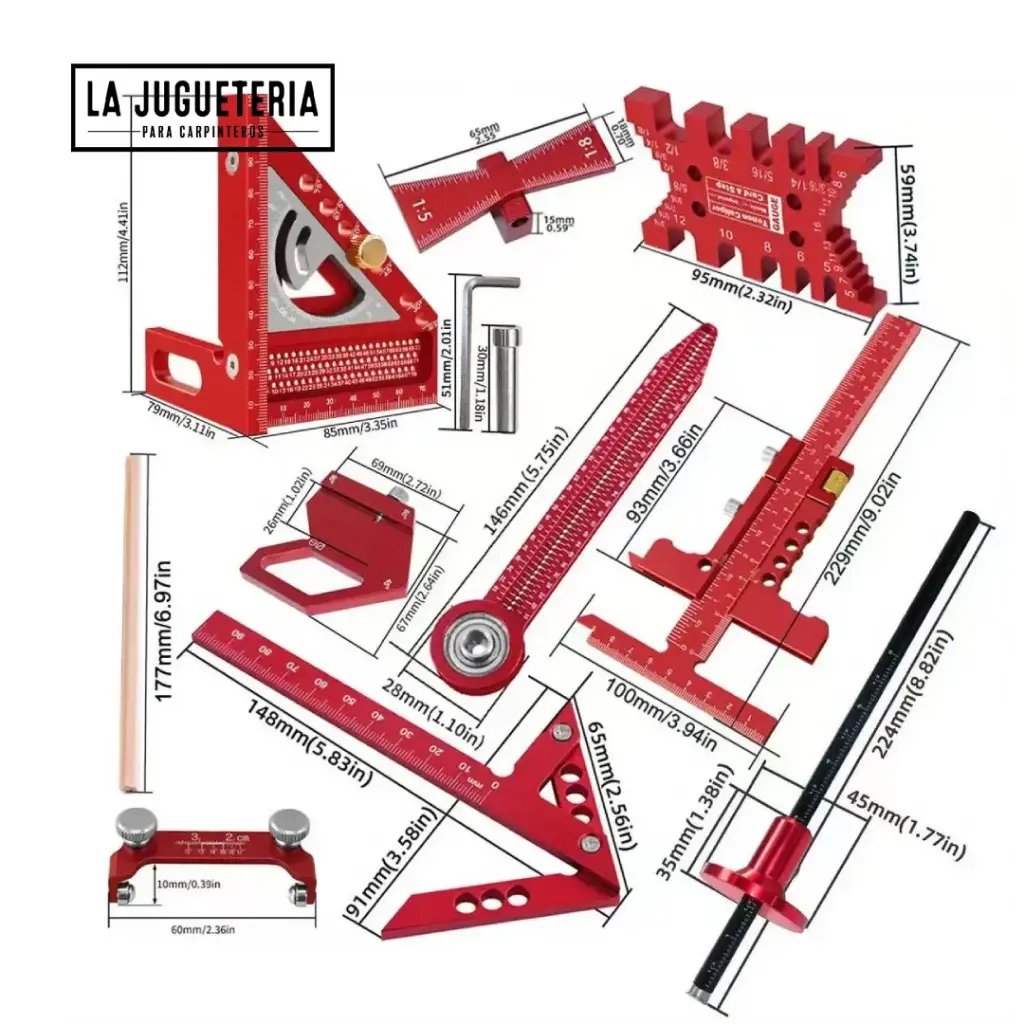 Kit de herramientas de medición y escuadras de carpintería con estuche rígido – 1 unidad