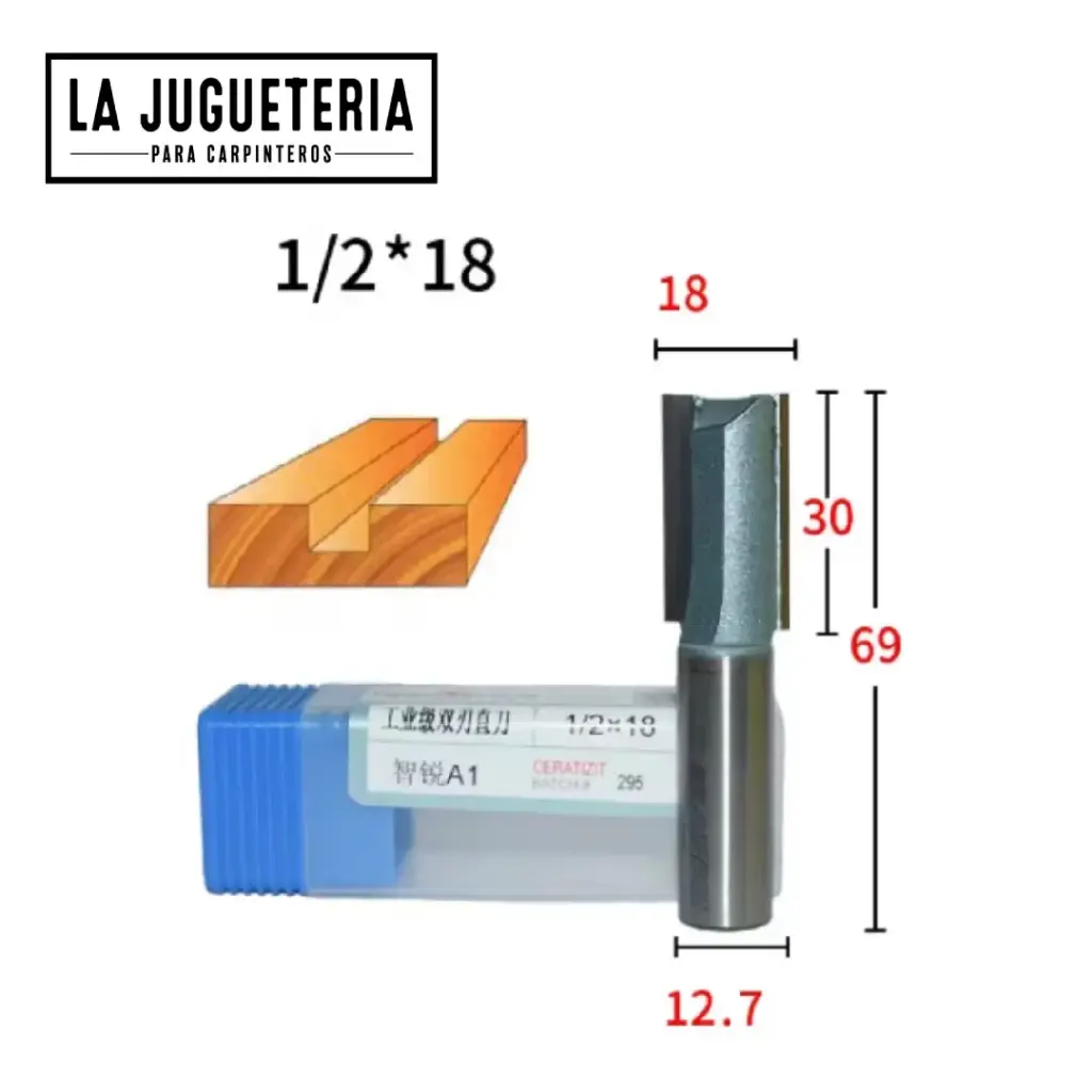 Fresa recta CNC – Corte 18 mm, profundidad 30 mm, vástago 1/2" (12.7 mm) Ref:G116