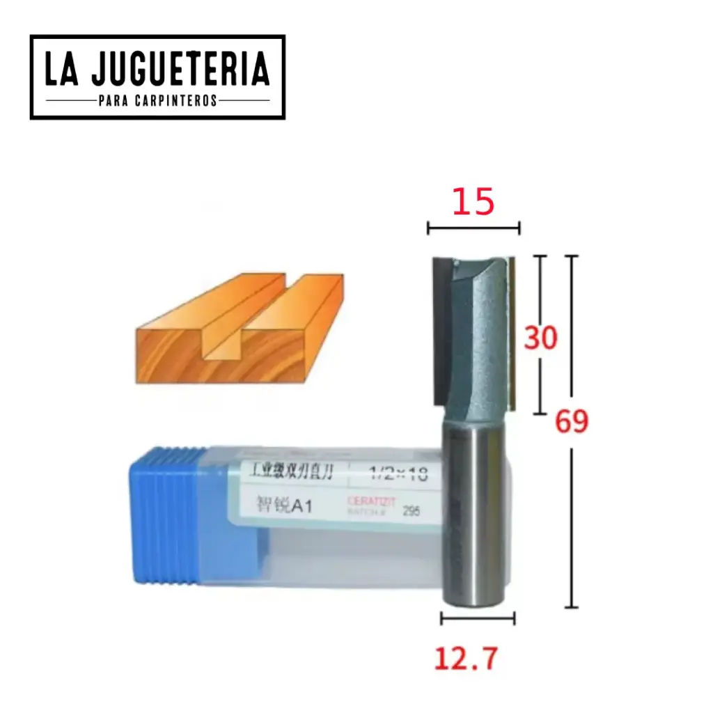 Fresa recta CNC – Corte 15 mm, profundidad 30 mm, vástago 1/2" (12.7 mm) Ref:G117