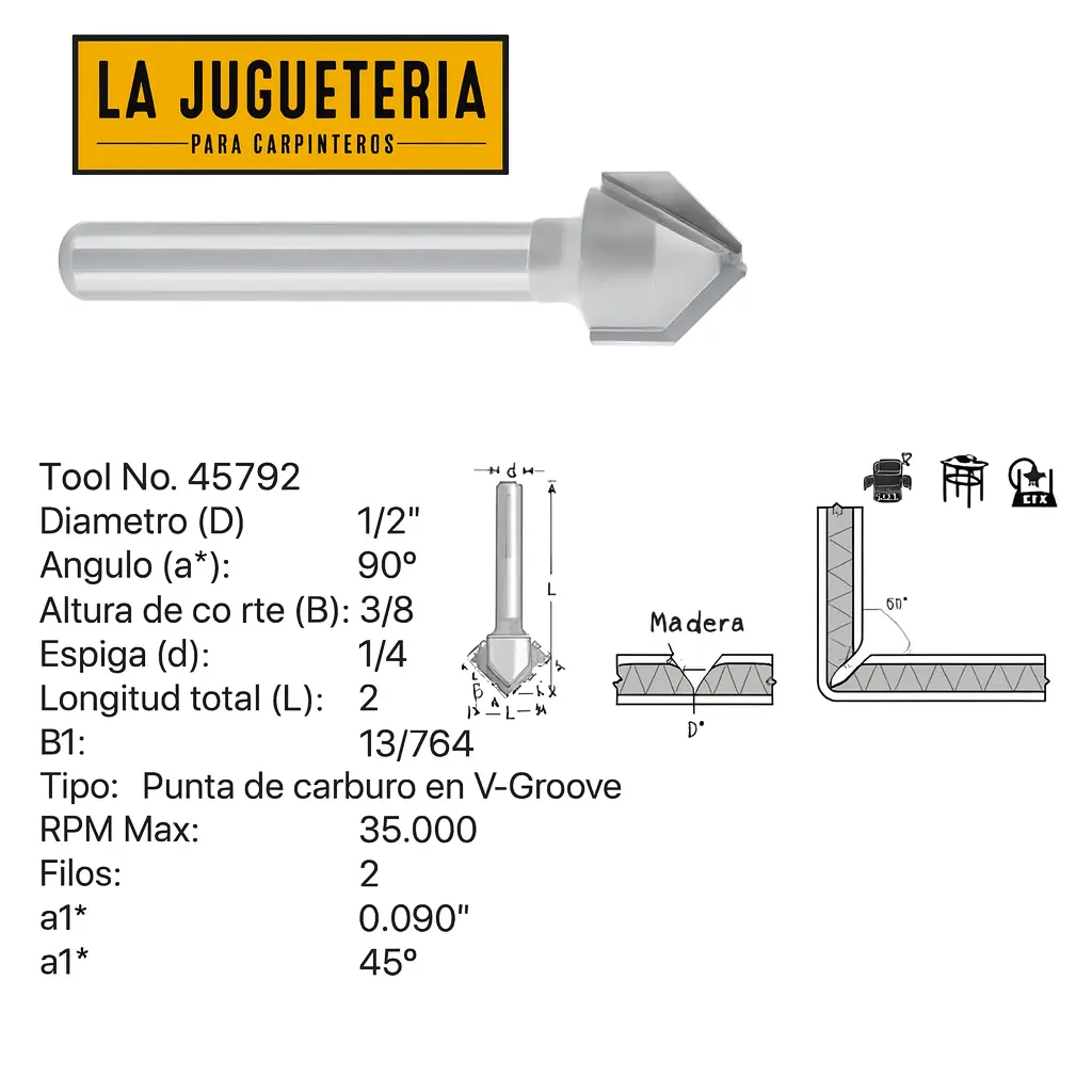 Fresa de Carburo en V 90° – 1/2" Ø x 3/8" Corte, Vástago 1/4", 2 Filos Ref:P123