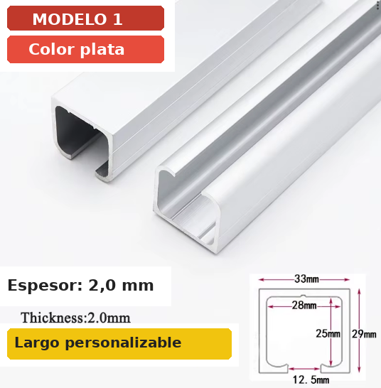 Riel de Aluminio para Puerta Corredera Suspendida - Sección 33×29mm - Largo 1m - Plata Anodizado
