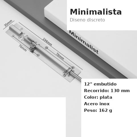 Pestillo Embutido para Puerta Doble - 12 Pulgadas (305mm) - Acero Inox Plata Cepillado