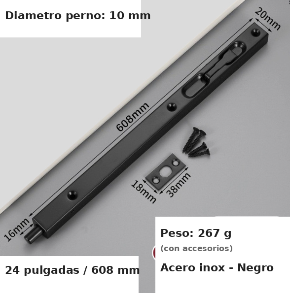Pestillo Embutido Largo para Portón o Puerta Doble Alta - 24 Pulgadas (608mm) - Inox Negro Mate