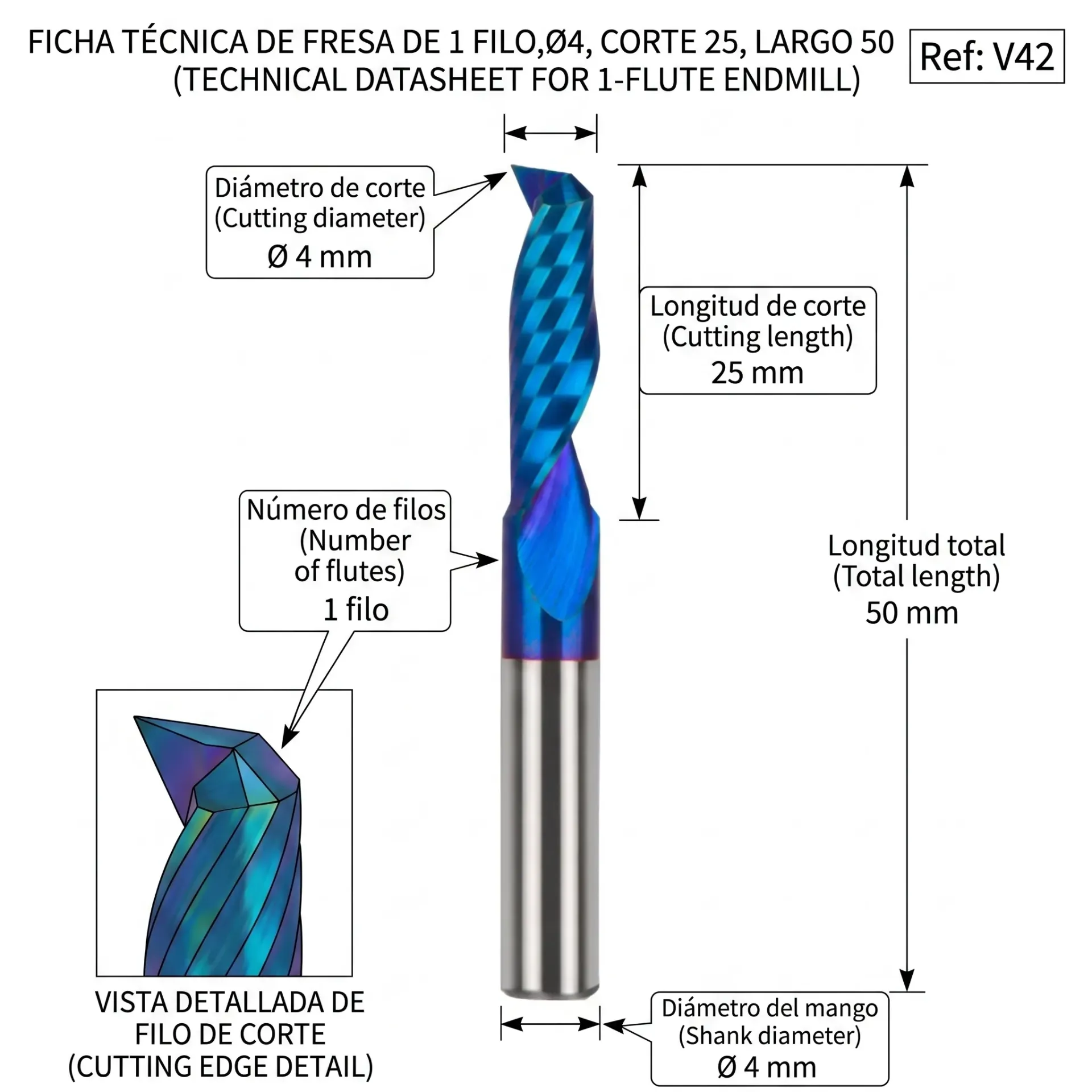 [A2206] Fresa Helicoidal 1 Filo (1F) – Serie Nano Blue High-Performance Especial Acrílico, PVC y Metales 4×25×50 Ref: V42