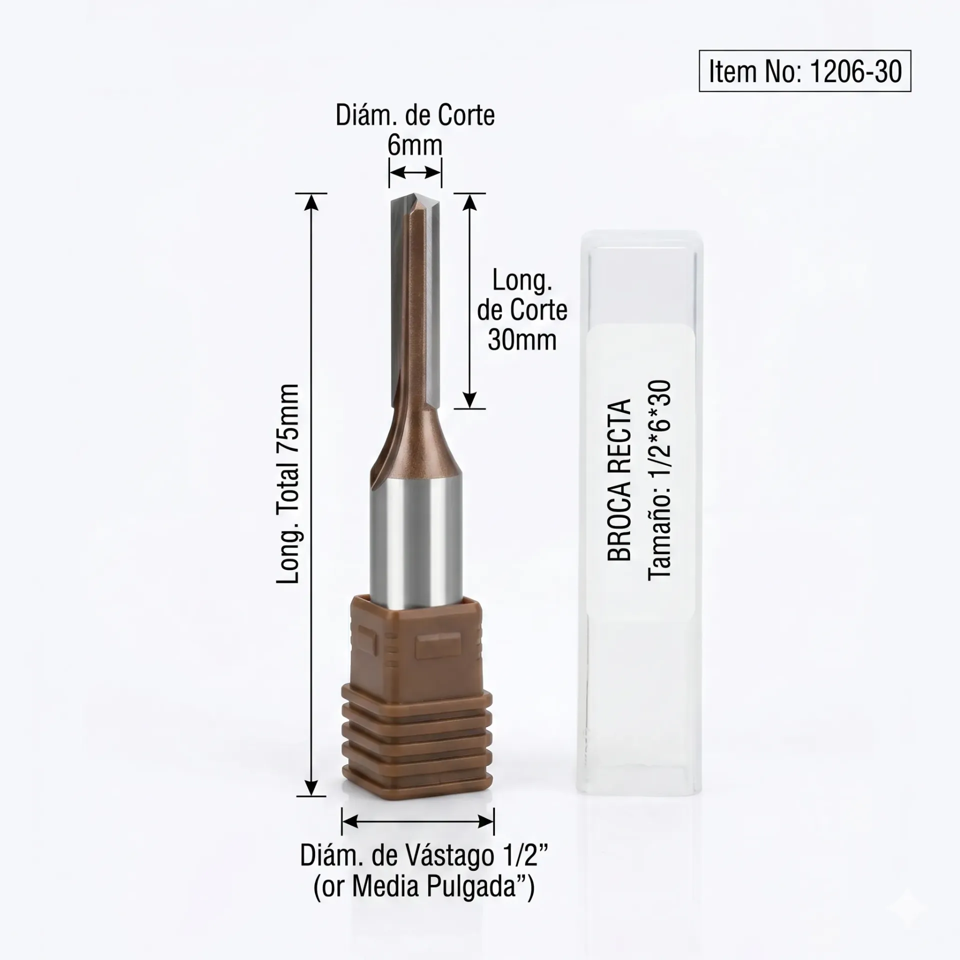 Broca Fresa Recta CNC – 6mm × 20mm largo de corte – Vástago 1/2" – 2 Filos Carburo Ref: G138