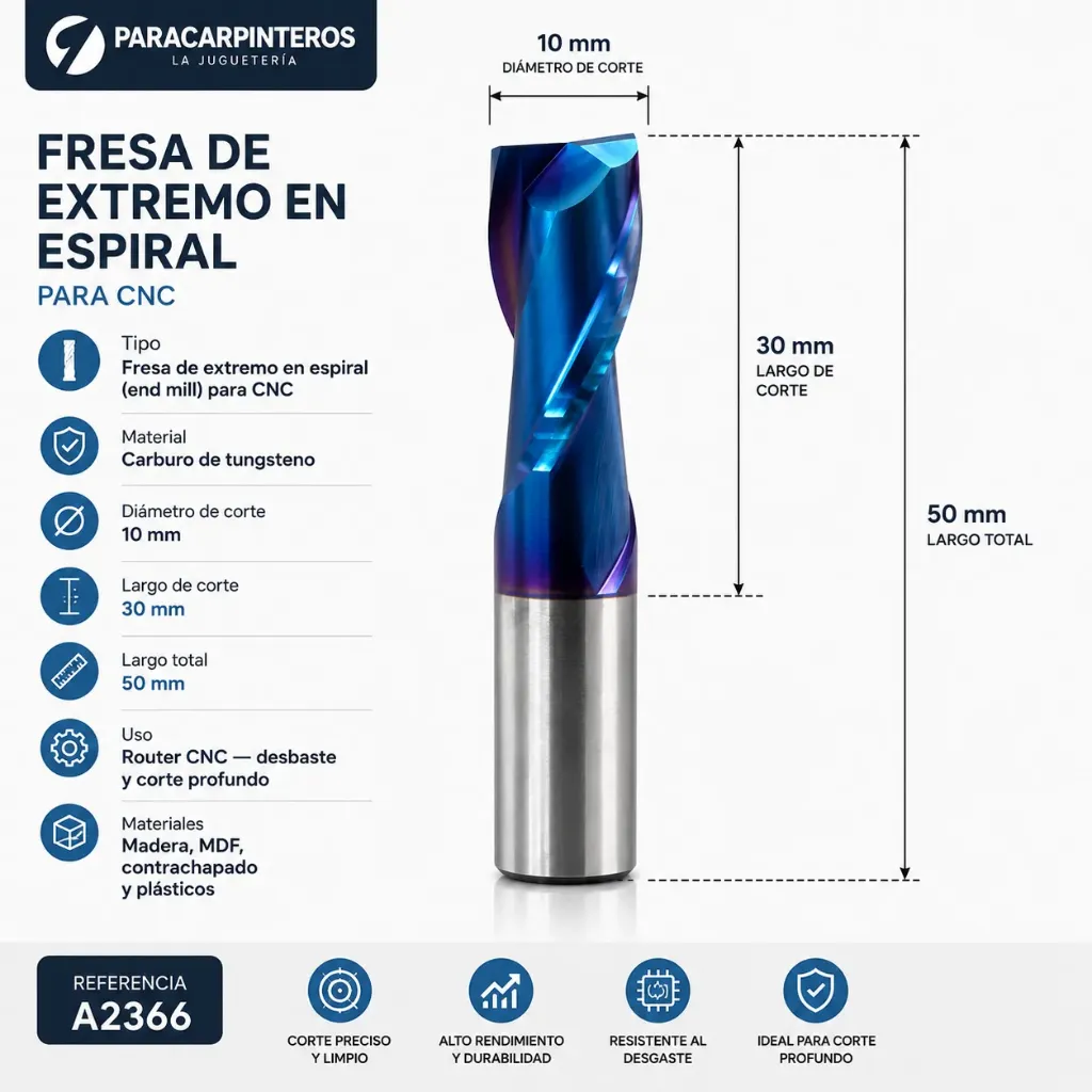 [A2366] Fresa de Extremo en Espiral de Carburo 10 mm x 30 mm de corte para CNC
