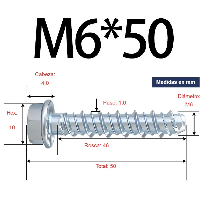 Tornillo para concreto cabeza hexagonal con arandela M6 × 50 mm