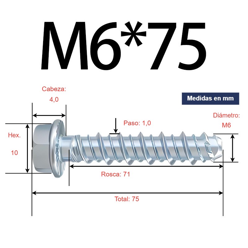 Tornillo para concreto cabeza hexagonal con arandela M6 × 75 mm