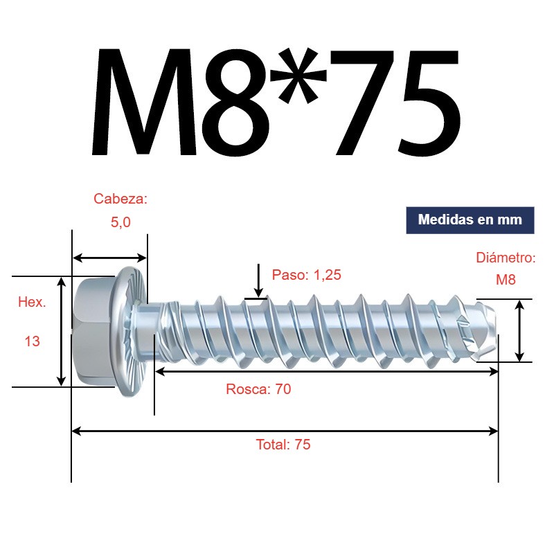 Tornillo para concreto cabeza hexagonal con arandela M8 × 75 mm