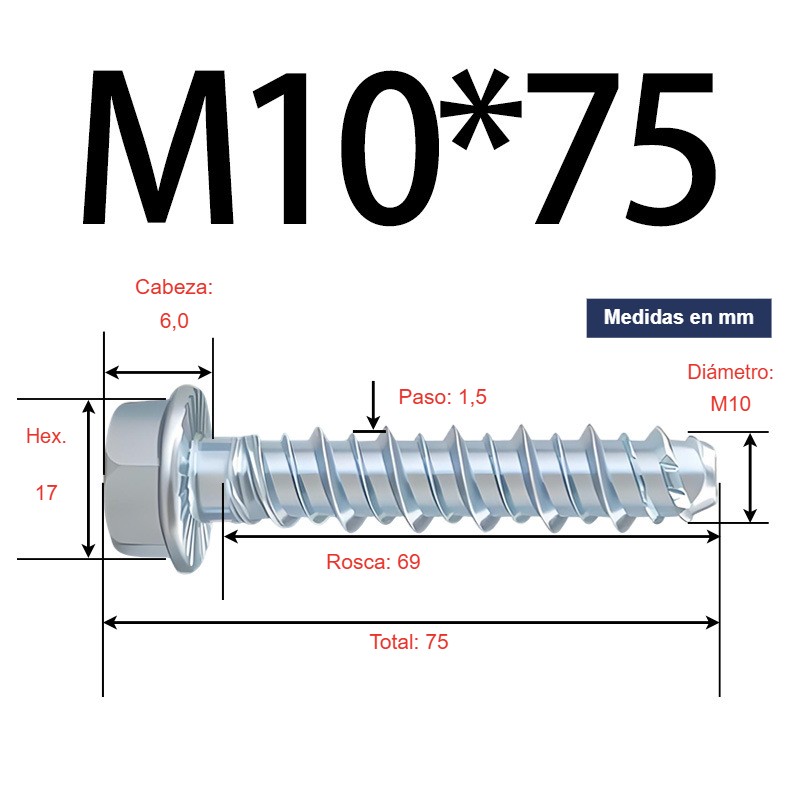 Tornillo para concreto cabeza hexagonal con arandela M10 × 75 mm