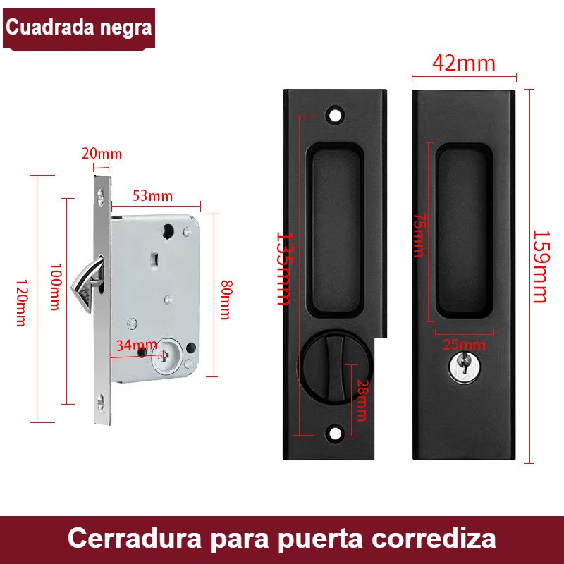 Cerradura de Bolsillo con Llave para Puerta Corrediza, llavín - Ajustable para Puertas de Madera de 35 mm a 45 mm - Color Negro