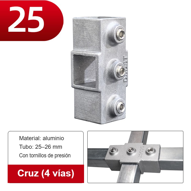 [A2487] Conector de tubo cuadrado en cruz (4 vías) de aluminio con tornillos de presión para tubos de 25mm (1 pulgada x 1 pulgada)
